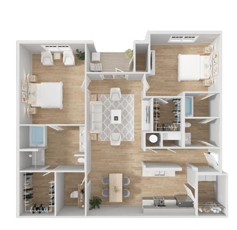 A detailed 3D floor plan of a modern apartment layout.